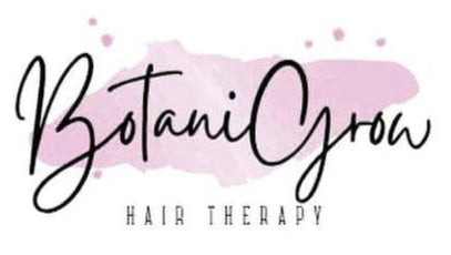Logo for BotaniGrow Hair Therapy with a pink watercolor background on a white background